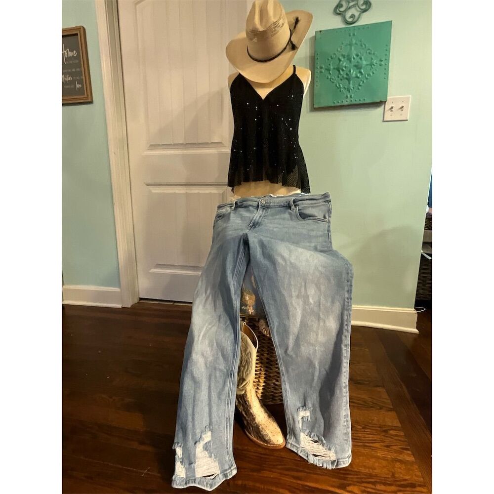 KanCan Women's High Rise Distressed Straight Jeans Blue Size 32